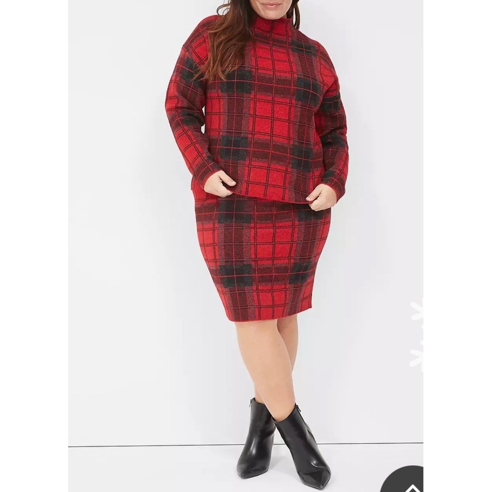 Lane Bryant Red Black Plaid Mock‎ Neck Sweater Skirt Set Plus Sz 22/24 Holiday